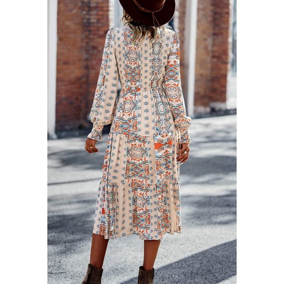 Patchwork Smocked Puff Sleeve Tiered Midi Dress - Picture 14 of 15